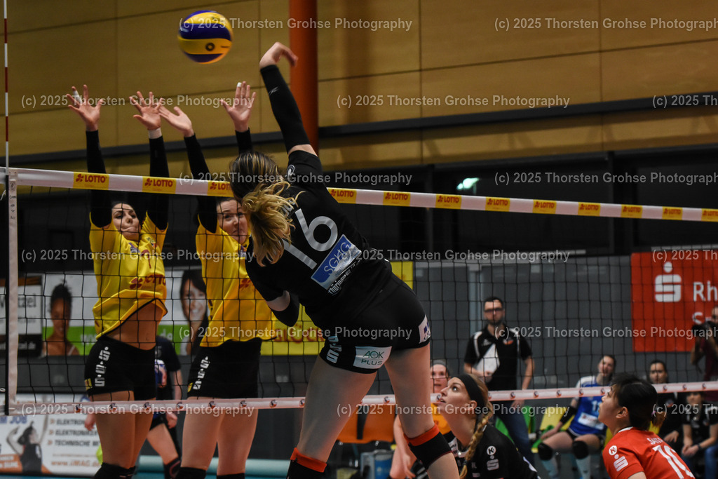 VBL VFB Suhl vs. SCHWARZ-WEISS Erfurt | (VFB Suhl) in Gelb, (Schwarz-Weiss Erfurt) in Schwarz; VBL VFB Suhl vs. SCHWARZ-WEISS Erfurt, Volleyball-Bundesliga Frauen am 17.02.2018 in der Multihalle in Meiningen, (Deutschland) - Realisiert mit Pictrs.com