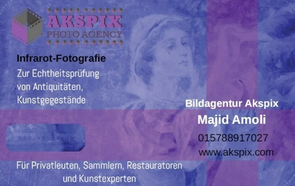 Infrarot-Visitienkarte | Die Bilder stammen aus Infrarot-Fotografy von Malereien.
Fotografy von Majid Amoli.

Unterlagen zum Nachweis technischer und beruflicher Leistungsfähigkeit zum Infrarot Fotografie.