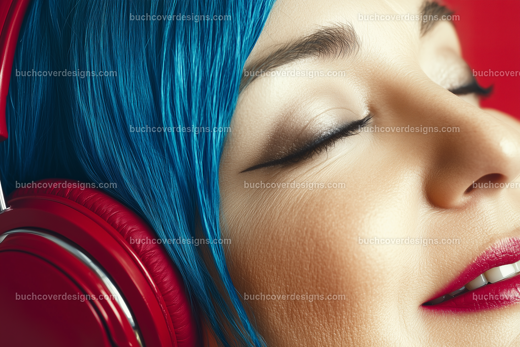 Gesicht einer Frau mit Kopfhörer (189) | face with blue colored hairs spread over the entire surface of the image, with a red headphone - close up - studio light - true strong colors - high detail --chaos 5 --ar 3:2 --stylize 50 --weird 200 --v 6.1 Job ID: 5b1f8b62-d49e-4d59-aca8-692ba32cf19e