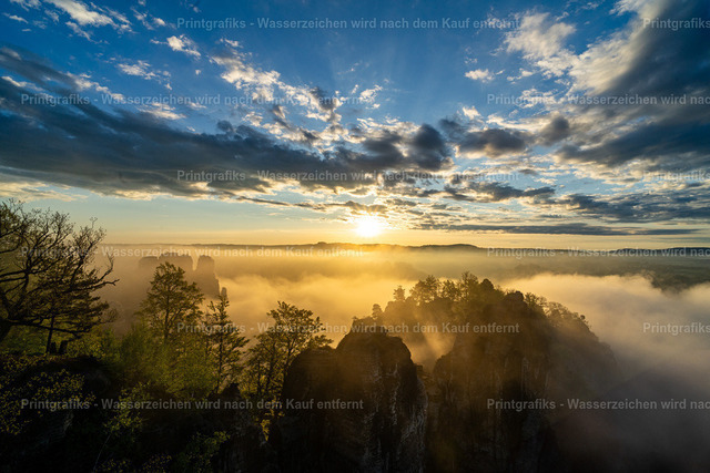 Goldener Morgen über den Felsen | Dramatischer Sonnenaufgang über einer nebligen Fels- und Waldlandschaft. Das goldene Licht durchbricht die Wolken und taucht die Landschaft in eine weite, stimmungsvolle Morgenatmosphäre. - Realisiert mit Pictrs.com