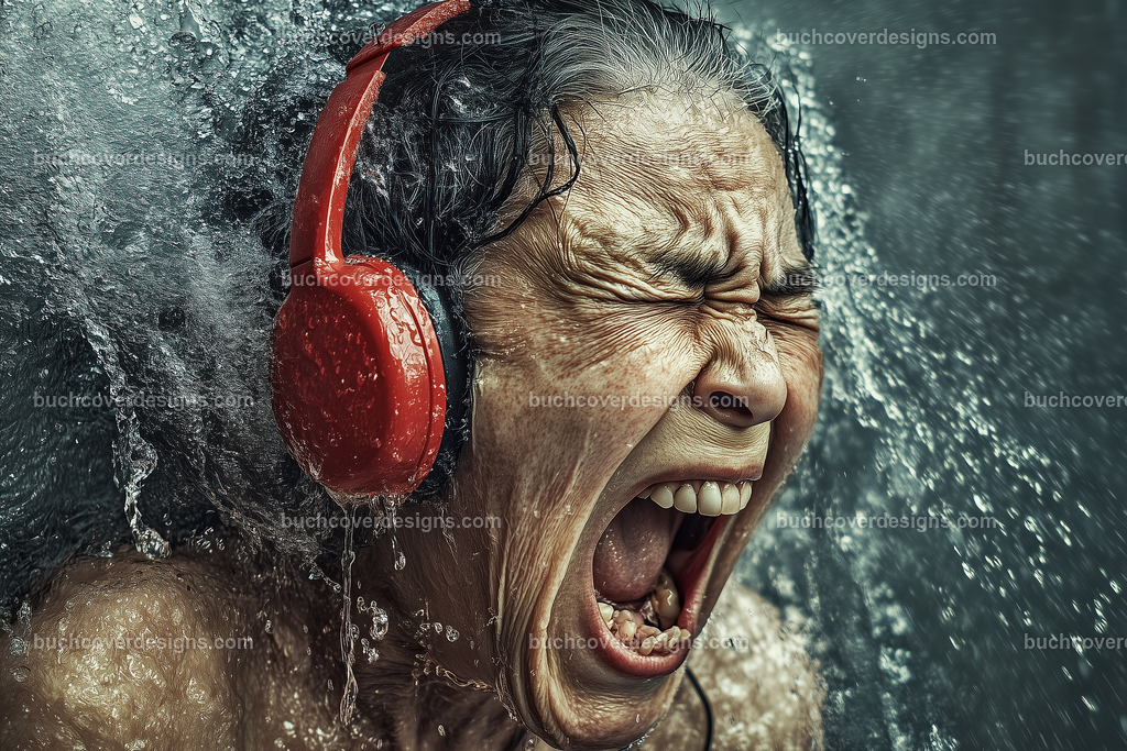 Gesicht einer Frau mit Kopfhörer (46) | front view - screaming angry very old woman with red headphone under a water shower --chaos 5 --ar 3:2 --stylize 50 --weird 200 --v 6.1 Job ID: 43c18b4c-1a41-4464-95e2-b7d6b59dadc1