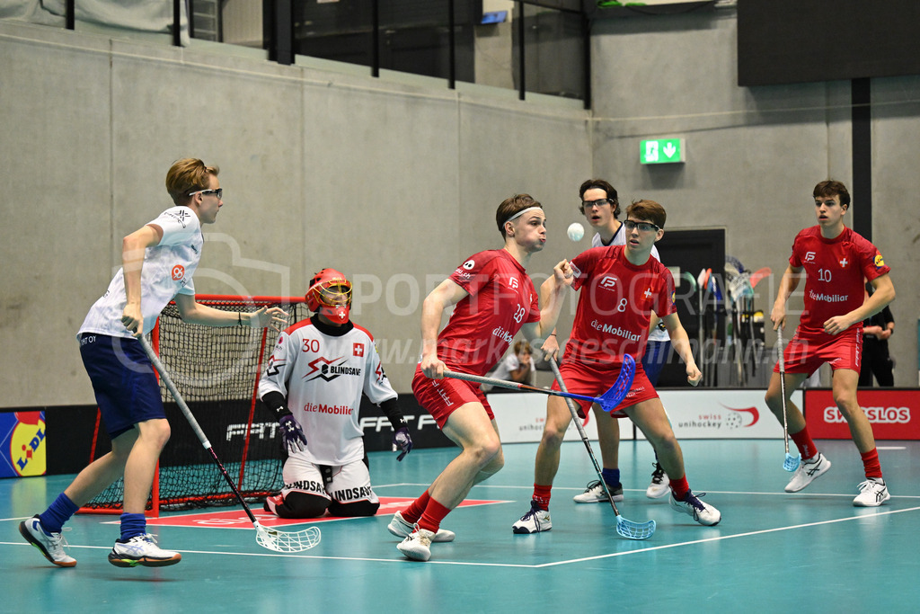 Switzerland B U19 vs Finland U19 - 2. February 2024 | Switzerland B U19 vs Finland U19
U19 Men International Matches in Switzerland
GoEasy Arena, Siggenthal Station
Switzerland defender #28 Maёl Marthaler and Switzerland forward #8 Damian Hocevar in front of Switzerland goalie #30 Lars Birchmeier.
Credit: Markus Aeschimann | <a href="https://www.markus-aeschimann.ch">Sportfotografie Markus Aeschimann</a> | <a href="https://www.instagram.com/sportfotografie.aeschimann">@sportfotografie.aeschimann</a> - Realisiert mit Pictrs.com
