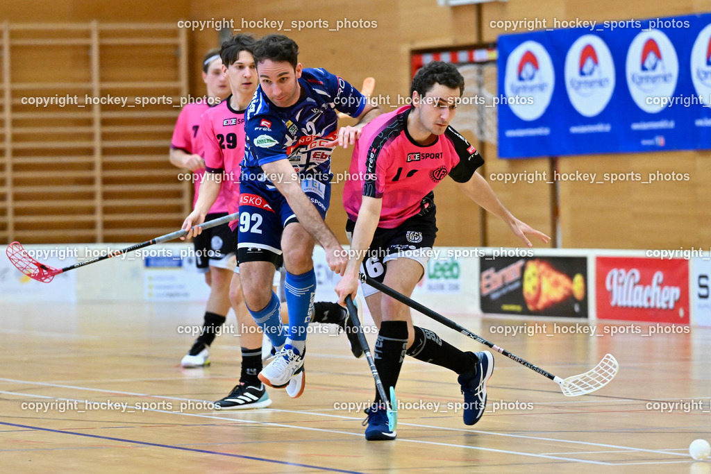 VSV Unihockey vs. Wiener Floorballferein 6.4.2024 | #92 Ingolf Gunnar Natmessnig VSV Unihockey, #16 Christian Göth Wiener Floorballverein, VSV Unihockey vs. Wiener Floorballferein 6.4.2024, VSV Unihockey vs. Wiener Floorballferein  am 06.04.2024 in Villach (Ballspielhalle St. Martin), Austria, (Photo by Bernd Stefan)