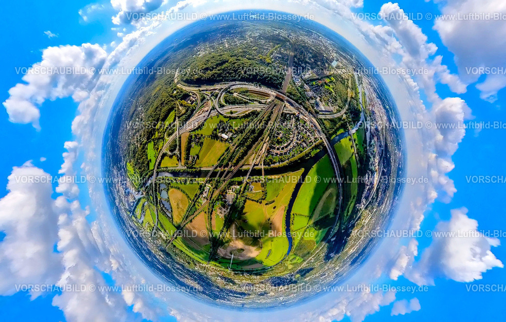 Duisburg241090051BAB-Kreuz-Kaiserberg | Luftbild, Baustelle Autobahnkreuz Kaiserberg, Autobahn A3 und Autobahn A40, Erdkugel, Fisheye Aufnahme, Fischaugen Aufnahme, 360 Grad Aufnahme, tiny world, little planet, fisheye Bild, Duissern, Duisburg, Ruhrgebiet, Nordrhein-Westfalen, Deutschland