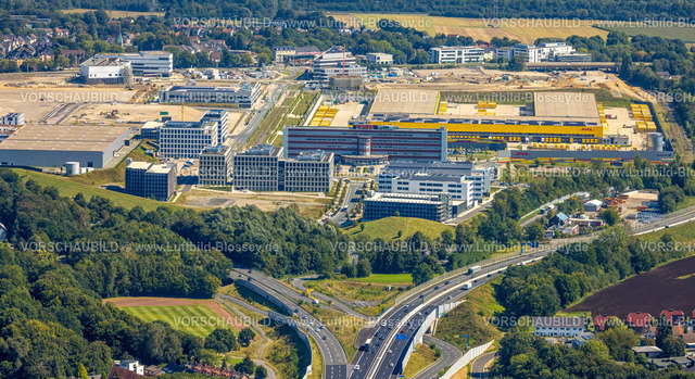 Bochum240816383 | Luftbild, Großbaustelle Mark 51/7, Wissenschaftsquartier und Technologiequartier, O-Werk Campus, VW Infotainment, ehemaliges Opel Areal an der Autobahn A448, DHL Logistik, Laer, Bochum, Ruhrgebiet, Nordrhein-Westfalen, Deutschland