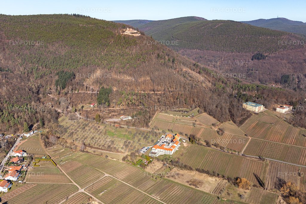 Luftbild: Wohlfühlhotel Alte Rebschule und Gasthaus Sesel in Rhodt unter Rietburg im Bundesland Rheinland-Pfalz in Deutschland. Foto: IMG_112707.jpg vom 27.02.2019 durch Werner Riehm/FLY-FOTO.de