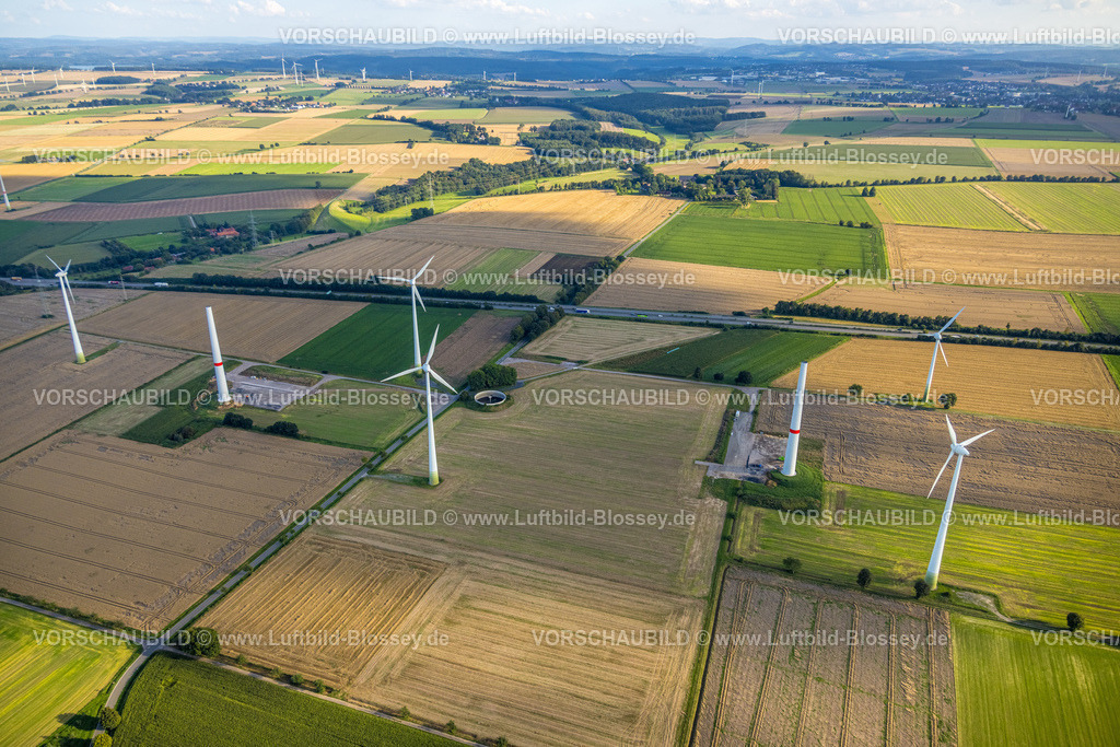 Werl230806399 | Luftbild, Windpark und Bau von Windrädern, Wiesen und Felder an der Autobahn A44, Mawicke, Werl, Werl-Unnaer Börde, Nordrhein-Westfalen, Deutschland