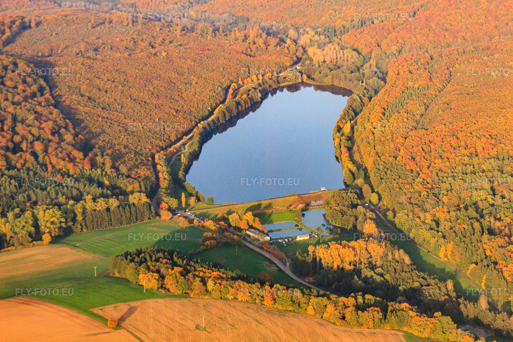 Vue aérienne: Plan d'eau de Wolfartshoffen (barrage Schwarzbach) depuis le sud à Reichshoffen dans le département Bas Rhin, France – .Photo: IMG_54178.jpg prise le 21/10/2012 par Werner Riehm/FLY-FOTO.eu – Résolution de l'original: 4752 x 3168 px