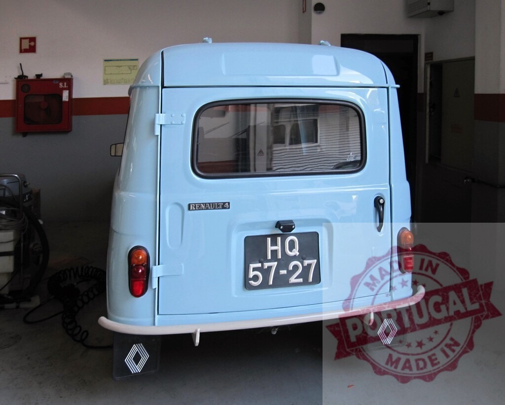 Renault 4 F4 van rear parked in garage | Blue Renault 4 F4 van parked backwards inside a garage during the day - Realized with Pictrs.com