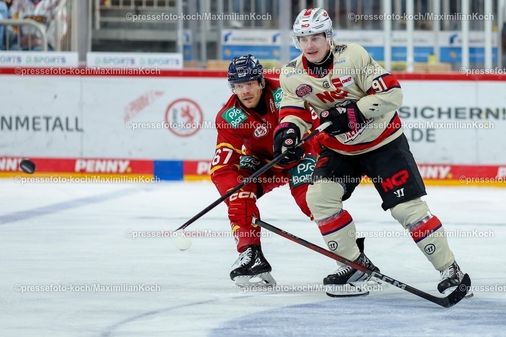 DEG02032501040 | 02.03.2025, Eishockey, Penny DEL, Düsseldorfer EG - Nürnberg Ice Tigers, PSD-BANK Dome: Bernhard Ebner (DEG #67) im Zweikampf gegen Jeremy McKenna (NIT #91)