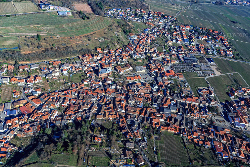 Luftbild: Winzerdorfübersicht im Winter aus Süden im Ortsteil SaintMartin in Sankt Martin im Bundesland Rheinland-Pfalz in Deutschland. Foto: IMG_112732.jpg vom 27.02.2019 durch Werner Riehm/FLY-FOTO.de