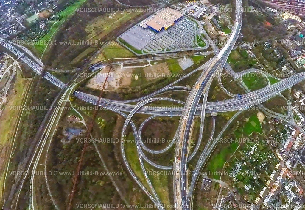 Duisburg230328_7BAB-KreuzDU-Nord | Luftbild, Autobahnkreuz Duisburg-Nord mit Baustelle, Autobahn A42 und Autobahn A59, Ikea Möbelhaus, Erdkugel, Fisheye Aufnahme, Fischaugen Aufnahme, 360 Grad Aufnahme, Obermeiderich, Duisburg, Ruhrgebiet, Nordrhein-Westfalen, Deutschland