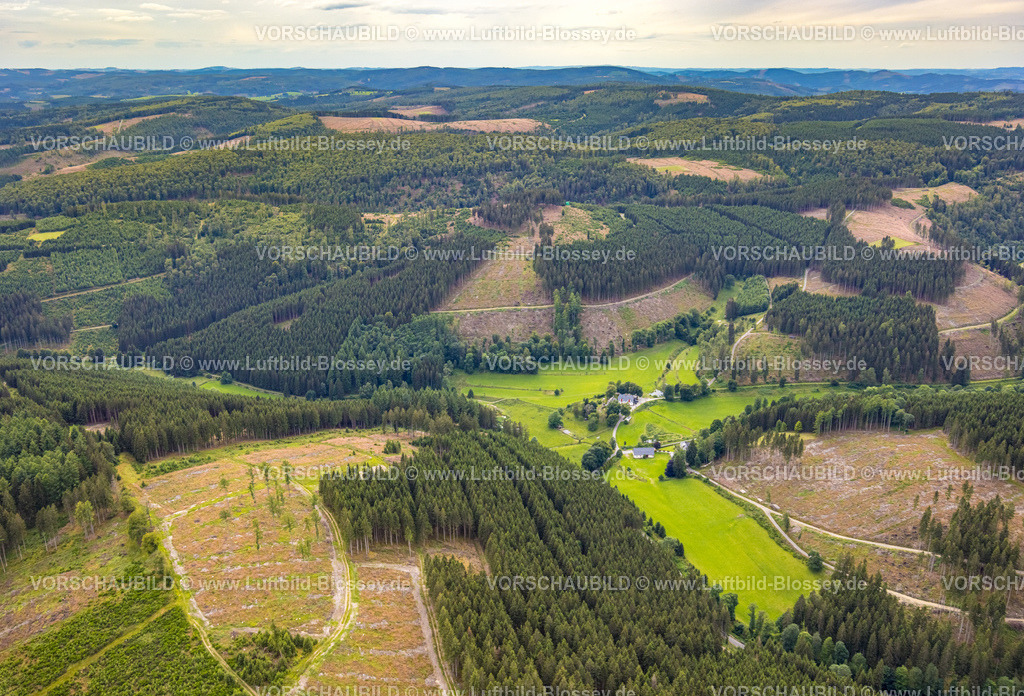BadBerleburg240710349 | Luftbild, Forsthaus Homrighausen, Fachwerkhaus in malerischer Hügellandschaft mit Fernsicht, Waldgebiet mit Waldschäden, Bad Berleburg, Wittgensteiner Land, Nordrhein-Westfalen, Deutschland