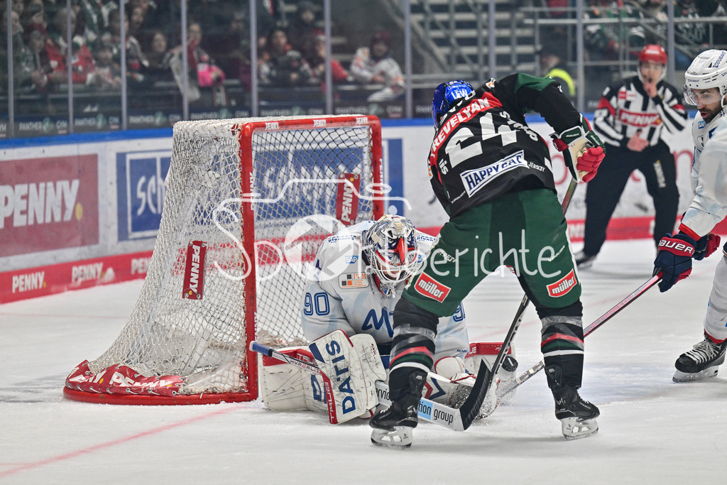 Augsburger Panther - Adler Mannheim | Felix BRUECKMANN (Adler Mannheim 90) ist in dieser Szene vor T. J. TREVELYAN (Augsburger Panther #24) am Puck / DEL: Augsburger Panther - Adler Mannheim, Curt Frenzel Stadion am 26.12.2024