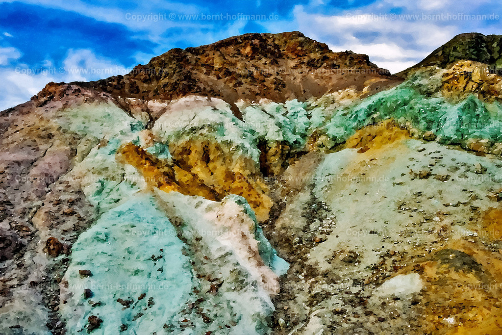 PAD2_FD_Artist-Palette_DV_150x100 | DIGITALKUNST. Artist Palette. __ Ein Berghang in Death Valley. Berühmt für seine vielfarbigen Steinformationen. Oxidation verschiedener Metalle färben das Gestein bunt. __ Das Basisfoto für dieses malerisch verwandelte Werk hat der Wahl-Amerikaner Frank Döpke gemacht und es Bernt Hoffmann für dessen Kunstpart zur Verfügung gestellt. __ Seitenverhältnis = 3 zu 2 - Realisiert mit Pictrs.com