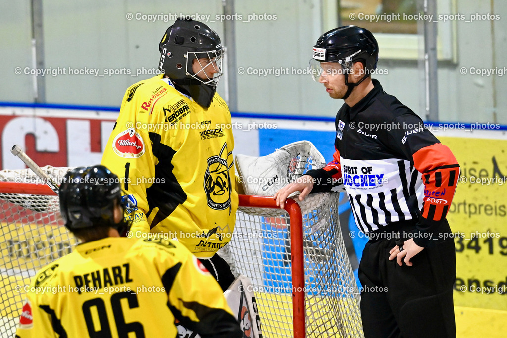 ESC Steindorf vs. EC Hornets Spittal 20.2.2024 | #1 Zauchner Rene EC Hornets Spittal, Orel Stephan Referee, ESC Steindorf vs. EC Hornets Spittal 20.2.2024, ESC Steindorf vs. EC Hornets Spittal 20.2.2024 am 20.02.2024 in Steindorf (Ossiachersee Halle), Austria, (Photo by Bernd Stefan)