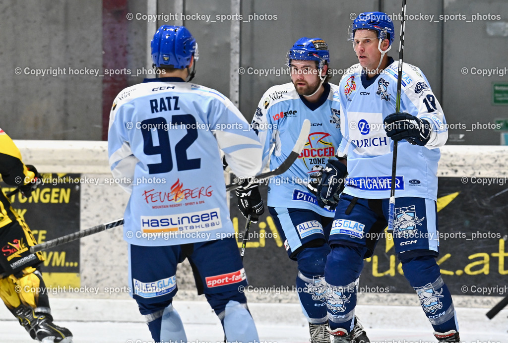 EC Spittal Hornets vs. ESC Steindorf 28.10.2023 | #92 Ratz Patrick, #95 Gelfanov Ruslan Lenarovich, #18 Pewal Martin, Jubel ESC Steindorf Mannschaft
