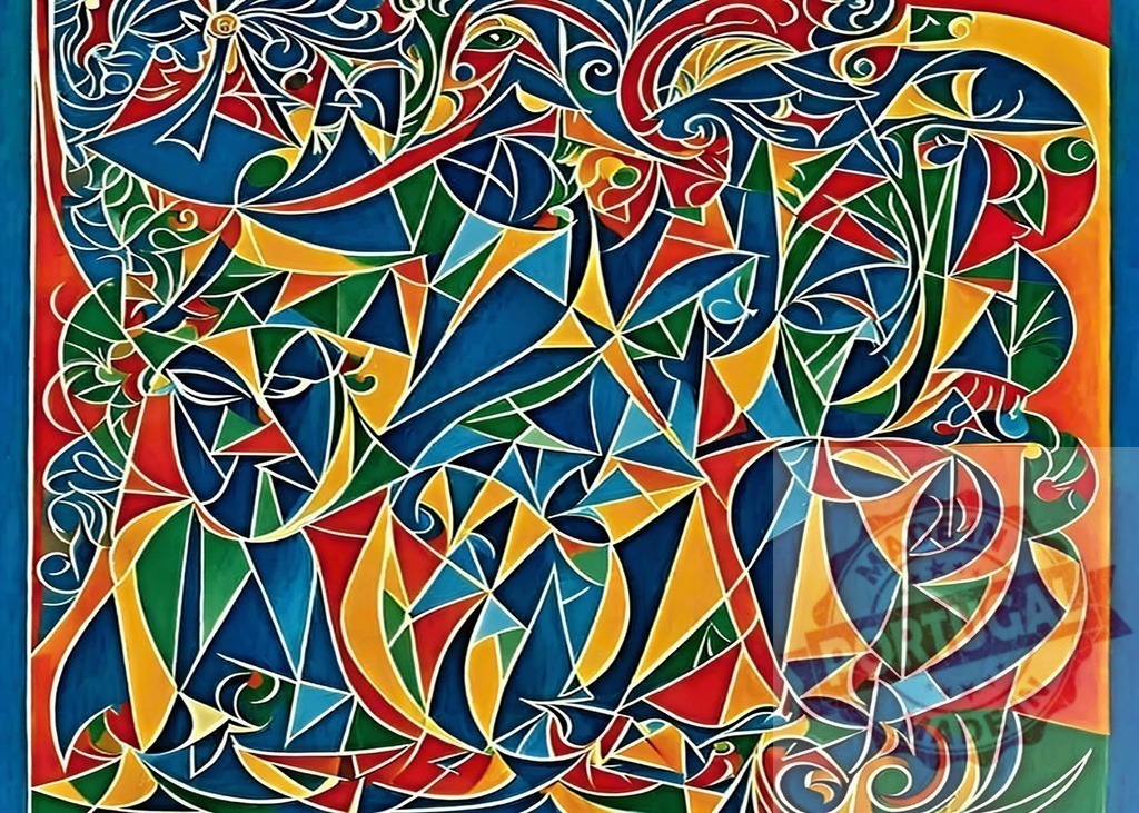 Abstract cubism painting depicting stained glass art vibrancy. AI Experiments | Abstract painting featuring geometric shapes, vibrant colors, and organic lines creating a cubist pattern - Realisiert mit Pictrs.com