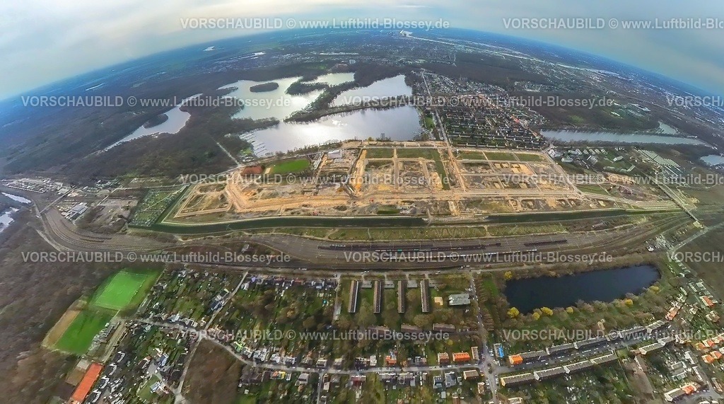 Duisburg230328_24Wedau Sechs-Seen | Luftbild, Sechs-Seen-Platte Wedau, geplantes Duisburger Wohnquartier auf ehemaligem Rangierbahnhof, Erdkugel, Fisheye Aufnahme, Fischaugen Aufnahme, 360 Grad Aufnahme, Wedau, Duisburg, Ruhrgebiet, Nordrhein-Westfalen, Deutschland