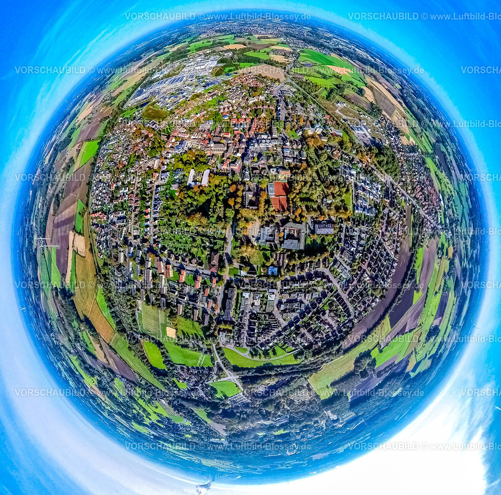 Selm241190513Bork | Luftbild, Wohngebiet Ortsansicht Bork, Erdkugel, Fisheye Aufnahme, Fischaugen Aufnahme, 360 Grad Aufnahme, tiny world, little planet, fisheye Bild, Bork, Selm, Ruhrgebiet, Nordrhein-Westfalen, Deutschland