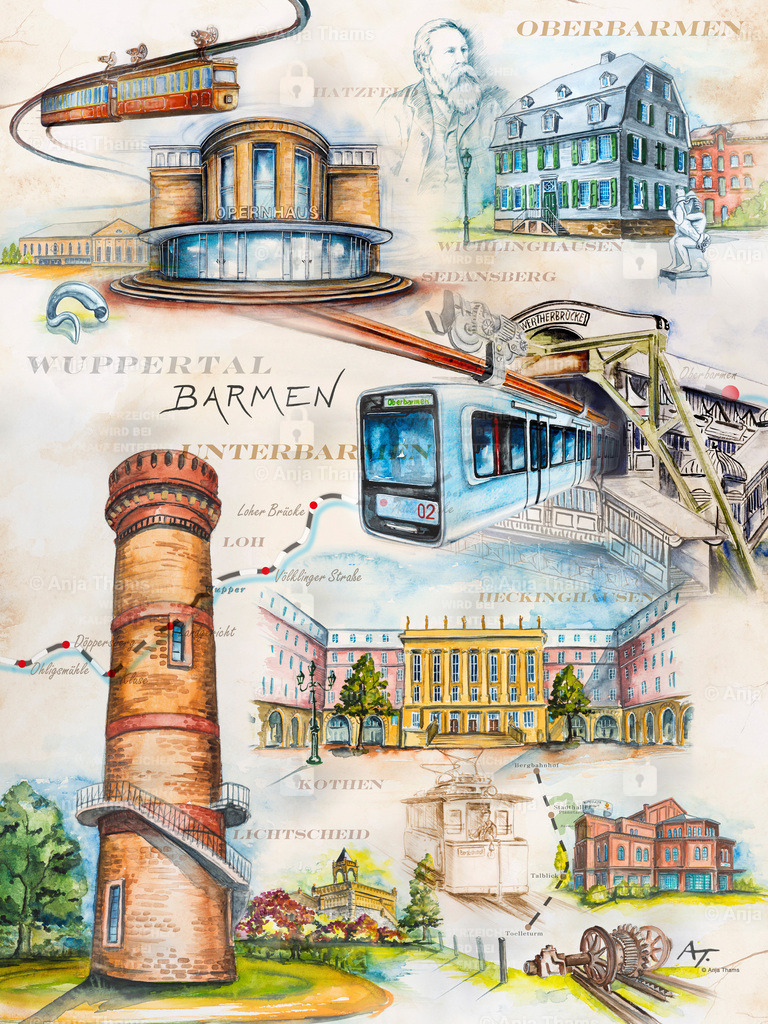 Stadtposter Wuppertal-Barmen | Wie schön Barmen ist, hat die Illustratorin Anja Thams auf diesem Stadtposter dargestellt. Die Motive im Einzelnen:
Die Oper und der Barmer Bahnhof, das Engelshaus und Friedrich Engels, das Barmer Rathaus, der Kaiserwagen der Schwebebahn, ein moderner blauer Zug an der Station Werther Brücke, die Barmer Bergbahn, der Toelleturm, die Dicke-Ibach-Treppe in den Barmer Anlagen und das Wuppertaler Brauhaus. - Realisiert mit Pictrs.com