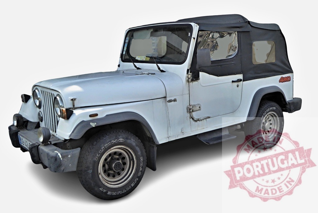 White Mahindra Thar 4x4 jeep is parked on a white background | Classic Mahindra Thar 4x4 jeep parked, showcasing its rugged design and off-road capabilities - Realisiert mit Pictrs.com