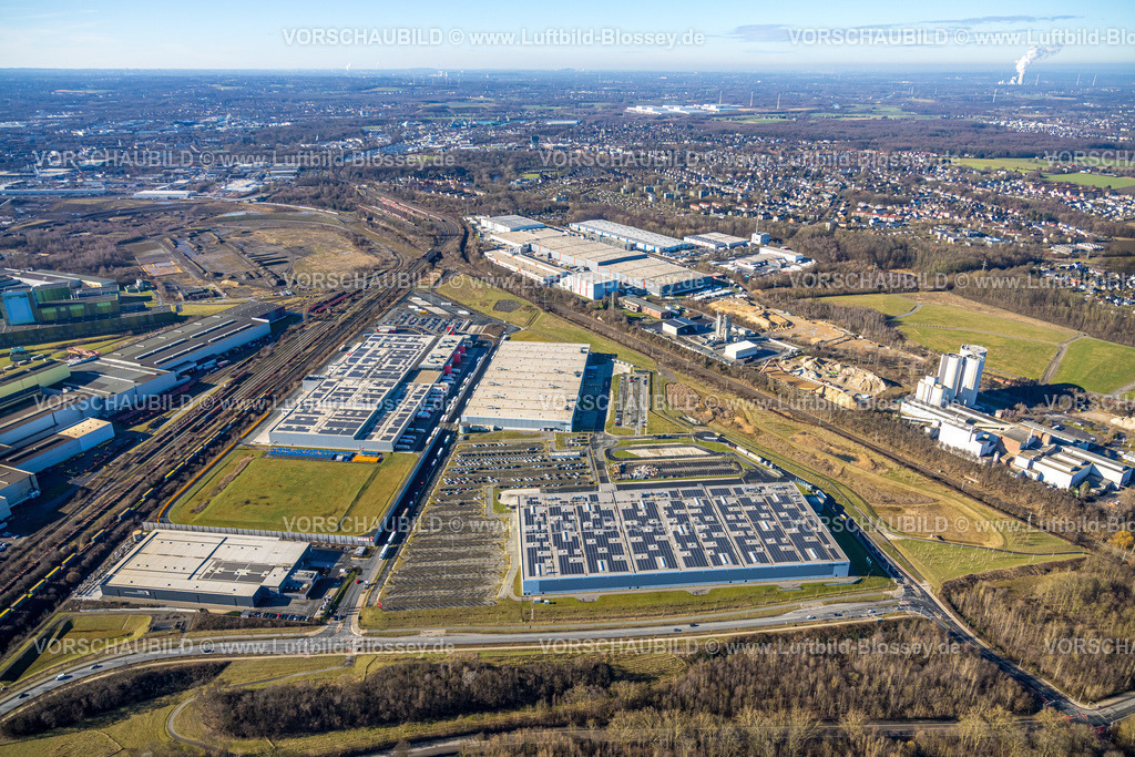 Dortmund260200130 | Luftbild, Gewerbegebiet mit Tesla Delivery Hub Dortmund Innenstadt-Nord, Kaufland Logistik und Bergisch Westerwälder Hartsteinwerke, Logistikzentrum Rewe und Logistikzentrum Amazon, Walzwerkstraße, Borsigplatz, Dortmund, Ruhrgebiet, Nordrhein-Westfalen, Deutschland