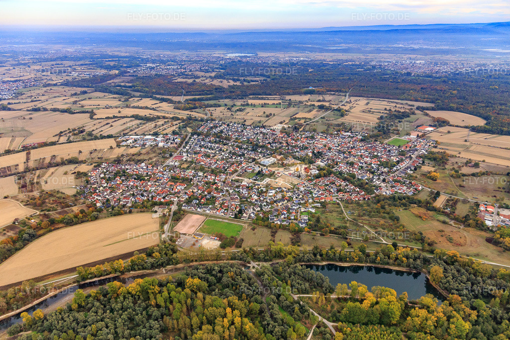 Luftbild: Ortsansicht von Westen im Ortsteil Illingen in Elchesheim-Illingen im Bundesland Baden-Württemberg in Deutschland. Foto: IMG_112018.jpg vom 11.10.2018 durch Werner Riehm/FLY-FOTO.de