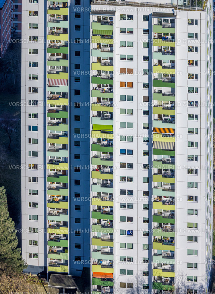 Hagen250303186 | Luftbild, Hochhaus Wohnsiedlung Pappelstraße mit farbigen Balkonen, Formen und Farben, Boele, Hagen, Ruhrgebiet, Nordrhein-Westfalen, Deutschland