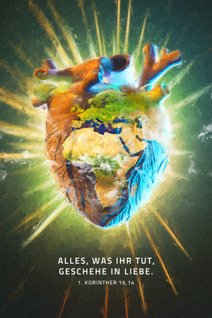 Jahreslosung 2024: Alles, was ihr tut, geschehe in Liebe. 1 Korinther 16,14 (Hauptmotiv: „Globales Herz“) | Motiv 1 von 2 zur Jahreslosung 2024. Unter dem Menüpunkt Karten+Lesezeichen findest du dieses Motiv auch als günstige Postkarte, Faltkarte und Lesezeichen mit Gedicht auf Recyclingpapier.