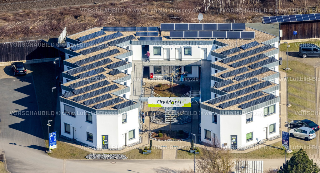 Soest220301384 | Luftbild, City Motel mit Solardach, Osthofen, Soest, Soester Börde, Nordrhein-Westfalen, Deutschland