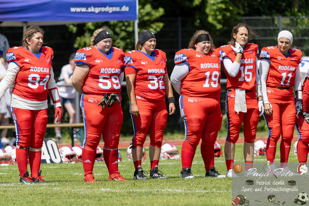 GFLW 1: German Football League Women 1: Rodgau Pioneers Ladies - Stuttgart Scorpions Sisters, 07.06.2026 | Marie Yvonne Levy (Rodgau Pioneers Ladies #94) &amp; Anna Schwarzburg (Rodgau Pioneers Ladies #59) &amp; Annika Pamer (Rodgau Pioneers Ladies #32) &amp; Sabrina Diana Murmann (Rodgau Pioneers Ladies #19) &amp; Selina Schirmer (Rodgau Pioneers Ladies #15) &amp; Katja Dürrbeck (Rodgau Pioneers Ladies #11), Rodgau Pioneers Ladies - Stuttgart Scorpions Sisters, Rodgau, Maingau-Energie-Stadion "Am Weichsee", 7.6.2026 - Realisiert mit Pictrs.com