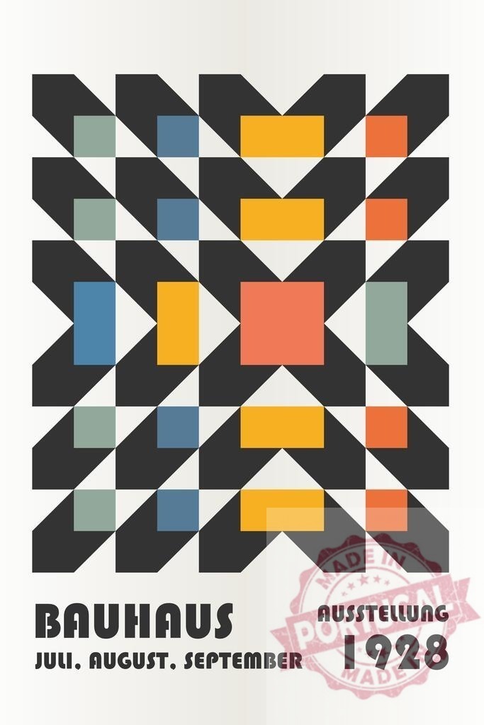 Bauhaus exhibition 1928 graphic design poster art | Bauhaus 1928 exhibition poster featuring geometric shapes, abstract pattern, and strong typography - Realisiert mit Pictrs.com