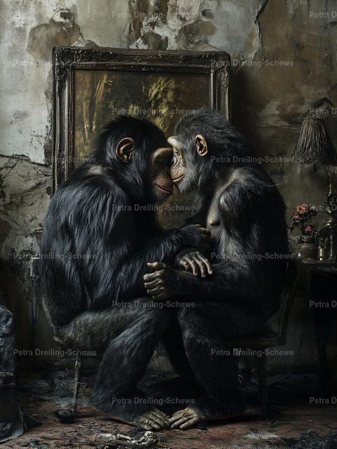 Forever Yours | „Forever Yours“ fängt einen stillen, intimen Moment zwischen zwei Schimpansen ein. Ihre Nähe, ihre sanfte Berührung und ihr intensiver Blick schaffen ein Tierkunstwerk, das ohne ein einziges Wort zutiefst menschlich wirkt.Vor dem Hintergrund eines verwitterten, stimmungsvollen Interieurs verleihen die dunklen Töne und die dezenten, warmen Akzente diesem Kunstwerk einen zeitlosen, stimmungsvollen Charakter. Es eignet sich hervorragend als Blickfang für das Wohnzimmer, das Schlafzimmer, das Arbeitszimmer, die Bibliothek oder jeden anderen Raum, in dem Sie Kunst mit Emotionen und Präsenz wünschen. - Realisiert mit Pictrs.com