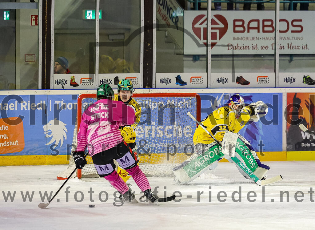 2025-10-28_100_TSV_Erding_gegen_Toelzer_Loewen | Erding, Deutschland, 28.10.2025:Eishockey, Oberliga Süd 2025 / 2026, 13. Spieltag, TSV Erding gegen Tölzer Löwen, Endergebnis: 2:5Pascal Steck (Erding Gladiators, #73), Torwart Matthias Bittner (Tölzer Löwen, #32)Foto: Christian Riedel / fotografie-riedel.net
