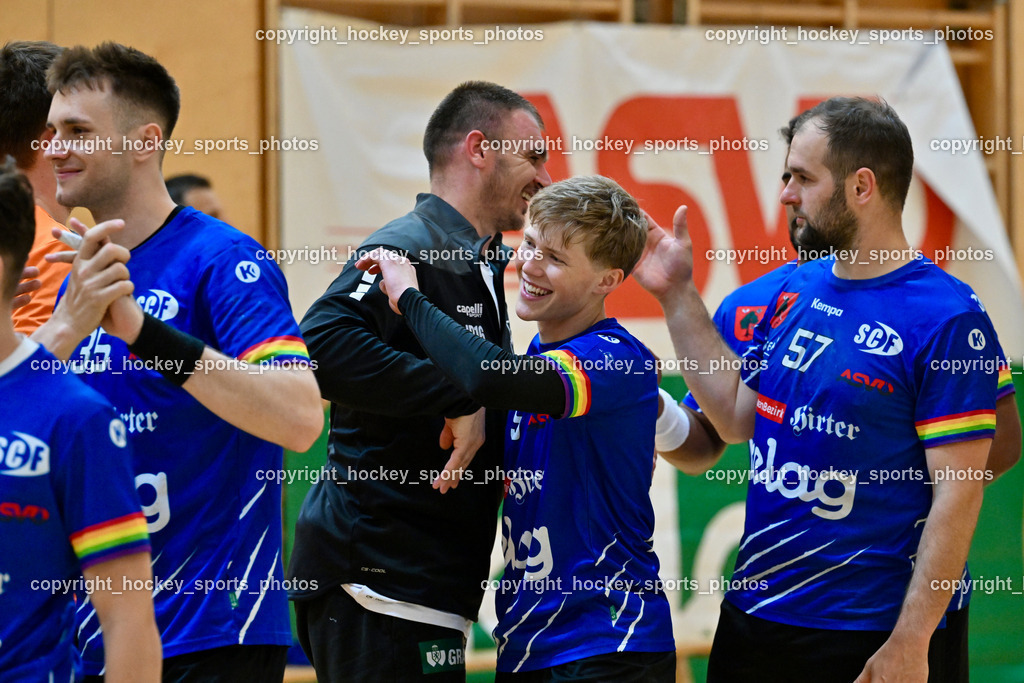 SC Ferlach vs. HSG Holding Graz | Abschied Nico Sager, #57 LEBAN Patrik SC Ferlach, #9 SAGER Nico SC Ferlach, #35 JURANIC Jura Egon SC Ferlach, #16 BUDOVIC Jovo HSG Graz, SC Ferlach vs. HSG Holding Graz, SC Ferlach vs. HSG Holding Graz am 24.05.2025 in Ferlach (Ballspielhalle Ferlach), Austria, (Photo by Bernd Stefan)