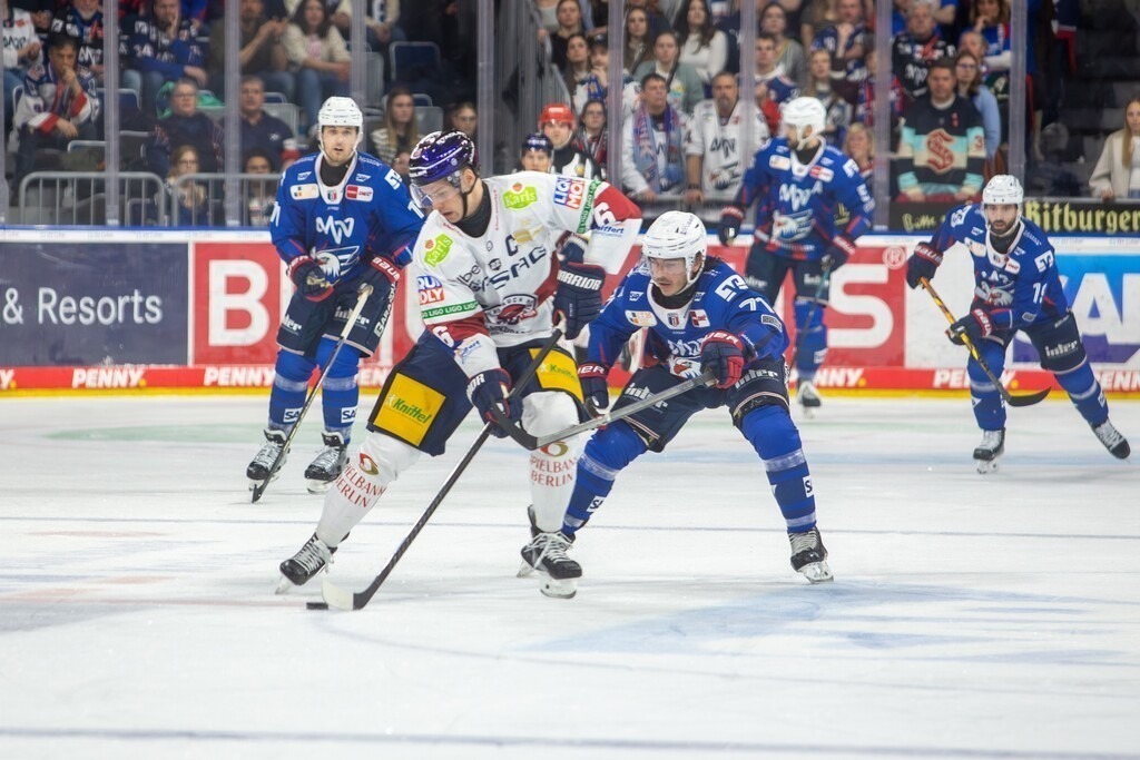 DEL, Deutsche Eishockey Liga Saison 2024/25, 52. Spieltag: Adler Mannheim gegen Eisbären Berlin***Bild: Zweikampf zwischen Kai Wissmann (6, Berlin) und Daniel Fischbuch (71, Mannheim) | DEL, Deutsche Eishockey Liga Saison 2024/25, 52. Spieltag: Adler Mannheim gegen Eisbären Berlin***Bild: Zweikampf zwischen Kai Wissmann (6, Berlin) und Daniel Fischbuch (71, Mannheim) - Realisiert mit Pictrs.com