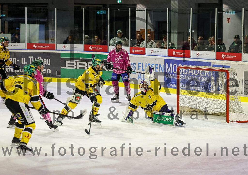 2025-10-28_120_TSV_Erding_gegen_Toelzer_Loewen | Erding, Deutschland, 28.10.2025:Eishockey, Oberliga Süd 2025 / 2026, 13. Spieltag, TSV Erding gegen Tölzer Löwen, Endergebnis: 2:5Nicolas Sauer (Tölzer Löwen, #13), Karel Klikorka (Tölzer Löwen, #3), Philipp Michl (Erding Gladiators, #77), Torwart Matthias Bittner (Tölzer Löwen, #32)Foto: Christian Riedel / fotografie-riedel.net