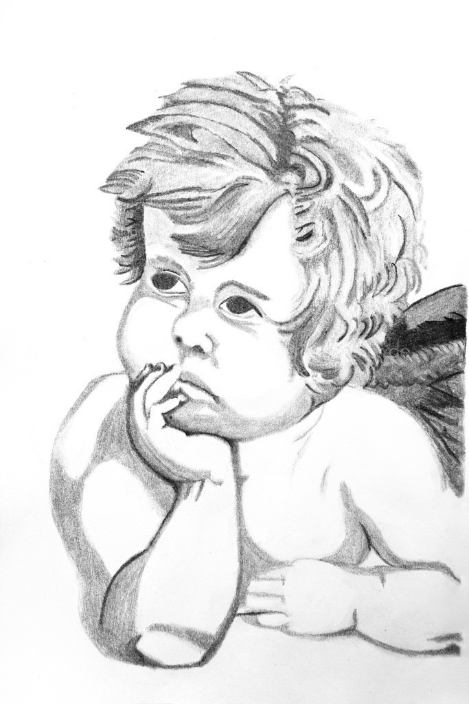Nachdenklicher Engel | Bleistiftzeichnung einer molligen Engelfigur, die nachdenklich den Kopf auf die Hand stützt. Gesicht mit Mimik. Der grübelnde Blick geht nach oben. 