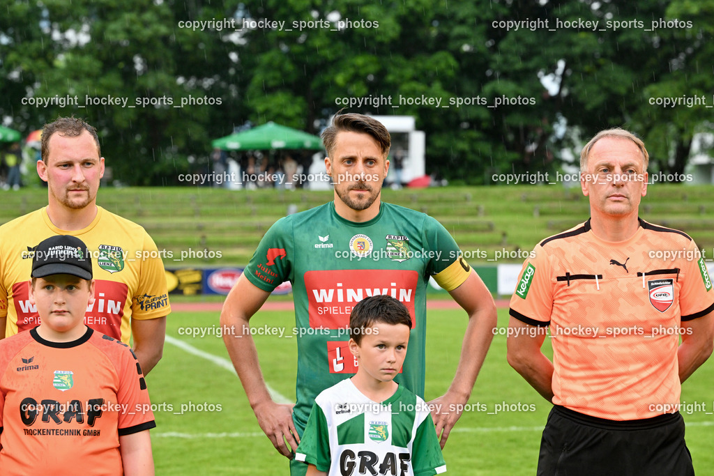 SV Rapid Lienz vs. URC Thal Assling | #1 Julian Weiskopf Rapid Lienz, #5 Manuel Eder Rapid Lienz, Christian Johann Steiner Referee, SV Rapid Lienz vs. URC Thal Assling, SV Rapid Lienz vs. URC Thal Assling am 08.06.2024 in Lienz (Dolomiten Satadion), Austria, (Photo by Bernd Stefan)