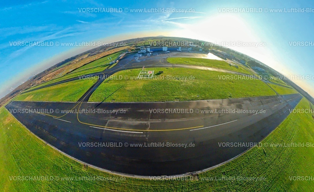 Bottrop241290132FlugplatzSchwarzeHeideTOPAZ | Luftbild, Flugplatz Schwarze Heide mit Startbahn und Landebahn, Flughafengebäude, Erdkugel, Fisheye Aufnahme, Fischaugen Aufnahme, 360 Grad Aufnahme, tiny world, little planet, fisheye Bild, Kirchhellen-Nord-West, Bottrop, Ruhrgebiet, Nordrhein-Westfalen, Deutschland