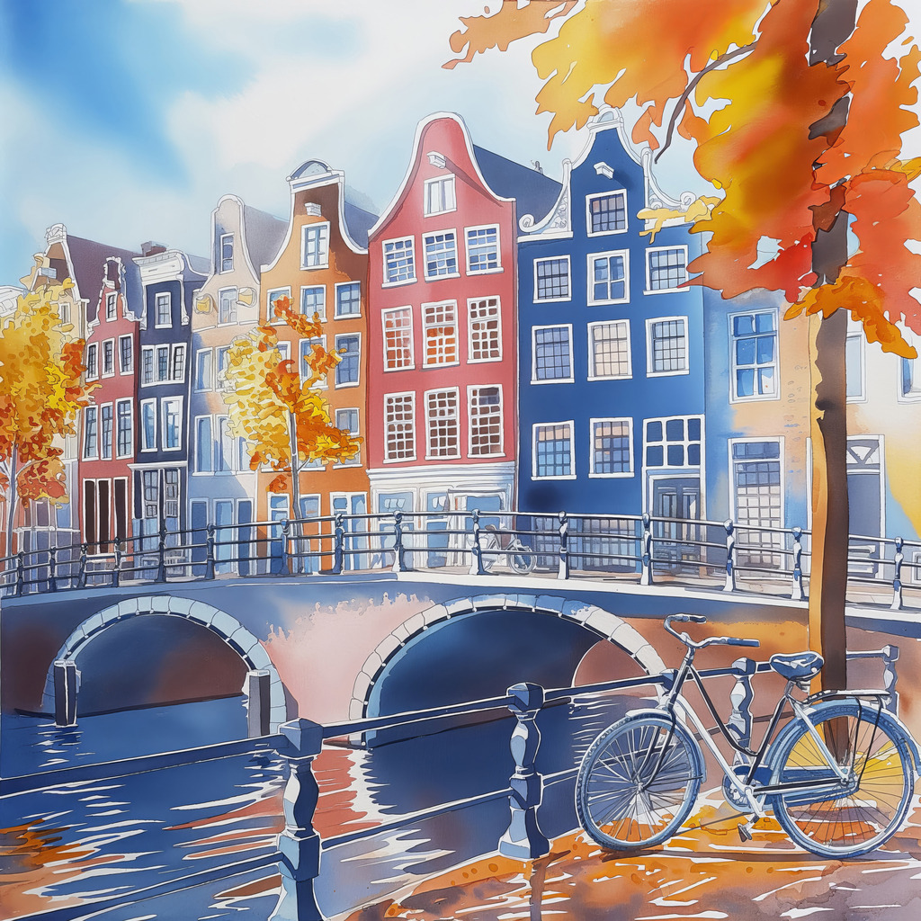 2407050 - Fahrrad in Amsterdam | Ein Fahrrad vor einer Gracht in Amsterdam im Stil eines Aquarellgemäldes.Bestellen Sie dieses Motiv als hochwertigen Kunstdruck z.B. auf Leinwand oder hinter Acrylglas. Für Preise, Größen- und Materialauswahl klicken Sie bitte auf "Bestellen.