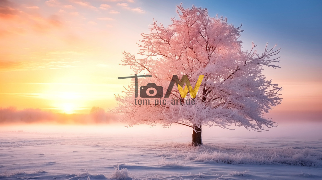 Frostiger Baum in der aufgehenden Wintersonne-KI-Bild | Einsam steht der Baum in winterlicher Umgebung auf einem Feld. Bedeckt mit eisigem Frost. Die Sonne geht auf. Blauer Himmel. Ein KI Bild. - Realisiert mit Pictrs.com