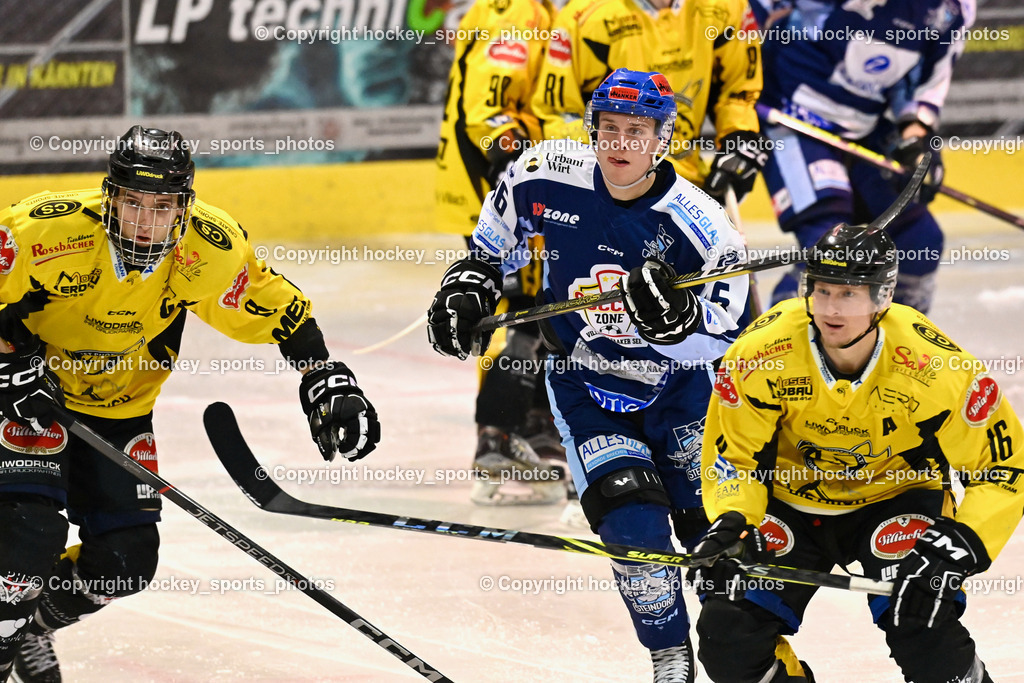 ESC Steindorf vs. EC Hornets Spittal 20.2.2024 | #8 Komar Luca EC Hornets Spittal, #46 Maurer Julian ESC Steindorf, #16 Nageler Daniel EC Hornets Spittal, ESC Steindorf vs. EC Hornets Spittal 20.2.2024, ESC Steindorf vs. EC Hornets Spittal 20.2.2024 am 20.02.2024 in Steindorf (Ossiachersee Halle), Austria, (Photo by Bernd Stefan)