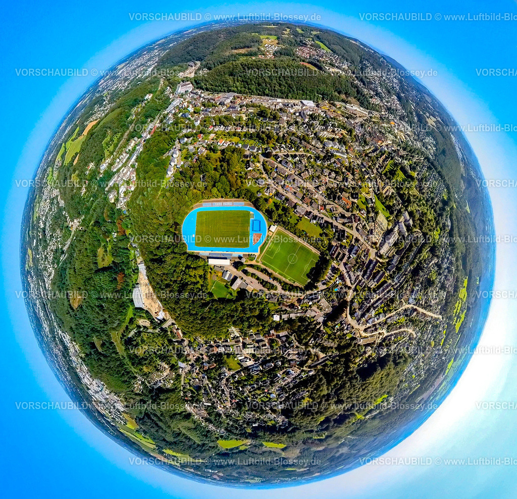 Ennepetal240890776TUS_Bremenstadion | Luftbild, Bremenstadion mit Nebenplatz, Fußballstadion und Leichtathletikstadion mit blauer Laufbahn TuS Ennepetal 1911 e.V., Erdkugel, Fisheye Aufnahme, Fischaugen Aufnahme, 360 Grad Aufnahme, tiny world, little planet, fisheye Bild, Milspe, Ennepetal, Ruhrgebiet, Nordrhein-Westfalen, Deutschland