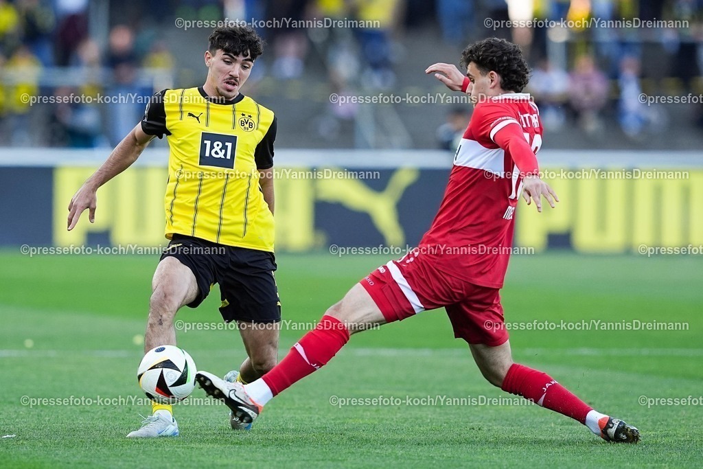 xYDR09052501014 | 09.05.2025, xydrx, Fußball, Borussia Dortmund II - VFB Stuttgart II, 3.Liga, Stadion Rote Erde, Saison 2024 2025: Antonio Foti (Borussia Dortmund II #5) im Zweikampf gegen Leny Meyer (VFB Stuttgart II #16) DFB regulations prohibit any use of photographs as image sequences and or quasi-video.