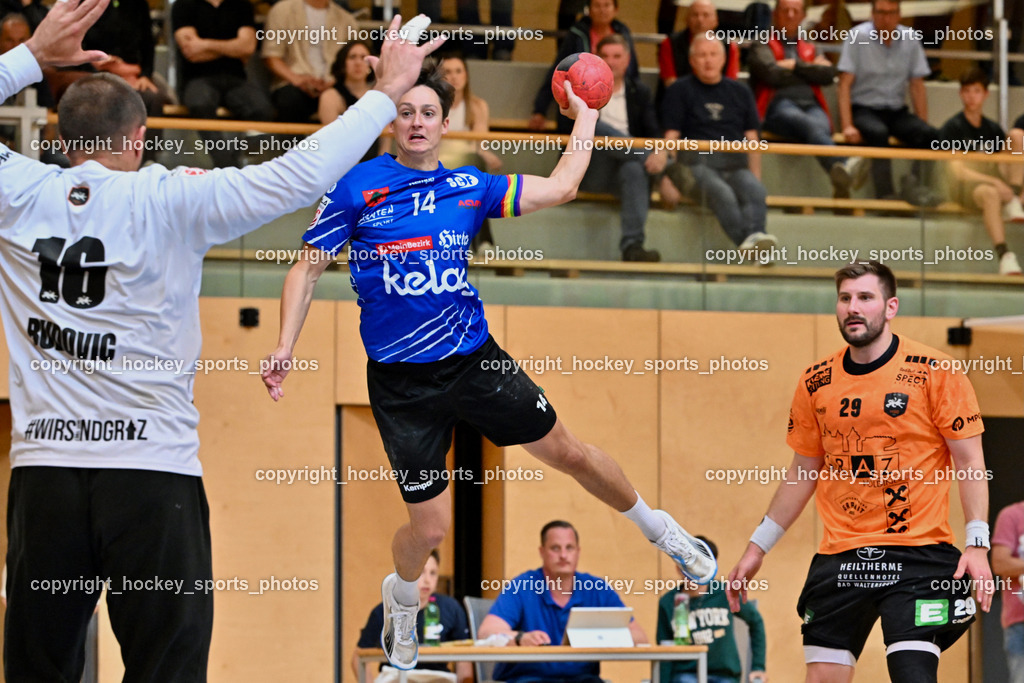 SC Ferlach vs. HSG Holding Graz | #16 BUDOVIC Jovo HSG Graz, #14 Rath Mathias SC Ferlach, #29 SCHWEIGHOFER Lukas HSG Graz, SC Ferlach vs. HSG Holding Graz, SC Ferlach vs. HSG Holding Graz am 24.05.2025 in Ferlach (Ballspielhalle Ferlach), Austria, (Photo by Bernd Stefan)