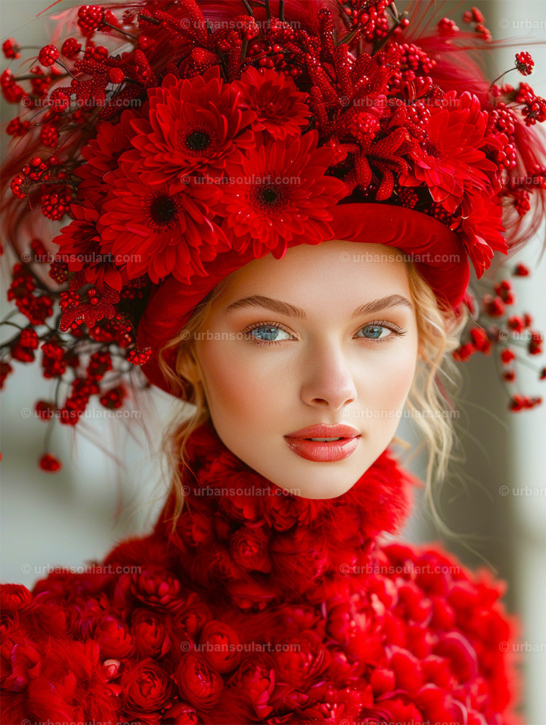 Blonde Woman With Red Flower Dress and Hat | This floral-inspired portrait of a woman in a red dress and hat covered in blooming flowers offers a vivid celebration of nature’s beauty. A perfect choice for lovers of elegance and floral decor, this piece brings vibrant color and sophistication to any room. - Realisiert mit Pictrs.com