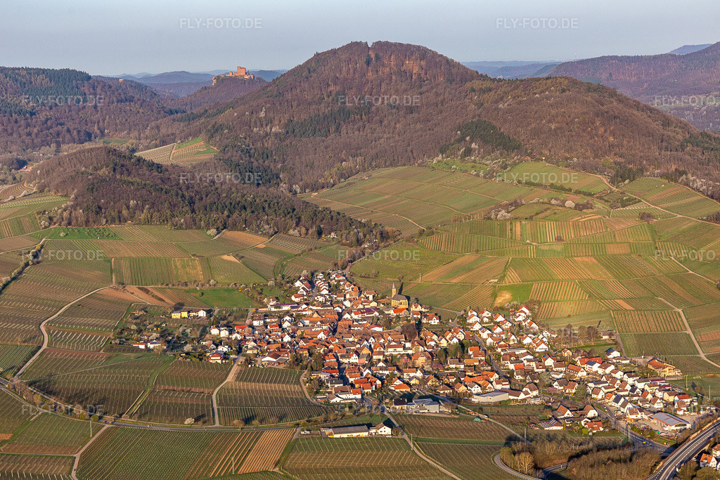 Luftbild: Weinbergen im Frühjahr vor dem Trifels in Birkweiler im Bundesland Rheinland-Pfalz in Deutschland. Foto: IMG_126265.jpg vom 04.04.2021 durch Werner Riehm/FLY-FOTO.de