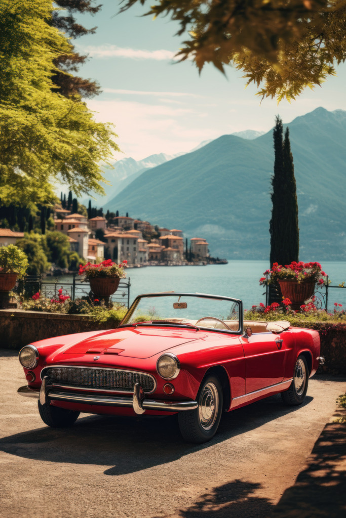 2308071 - Rotes Oldtimer-Cabrio | Ein rotes Cabrio am Comer See. Ein digital erstelltes Motiv, das mit etwas Abstand wie ein Foto und bei naher Betrachtung wie ein extrem detailreiches Gemälde anmutet.